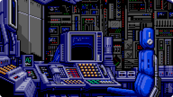 Empty office with chair and panel with buttons and screens